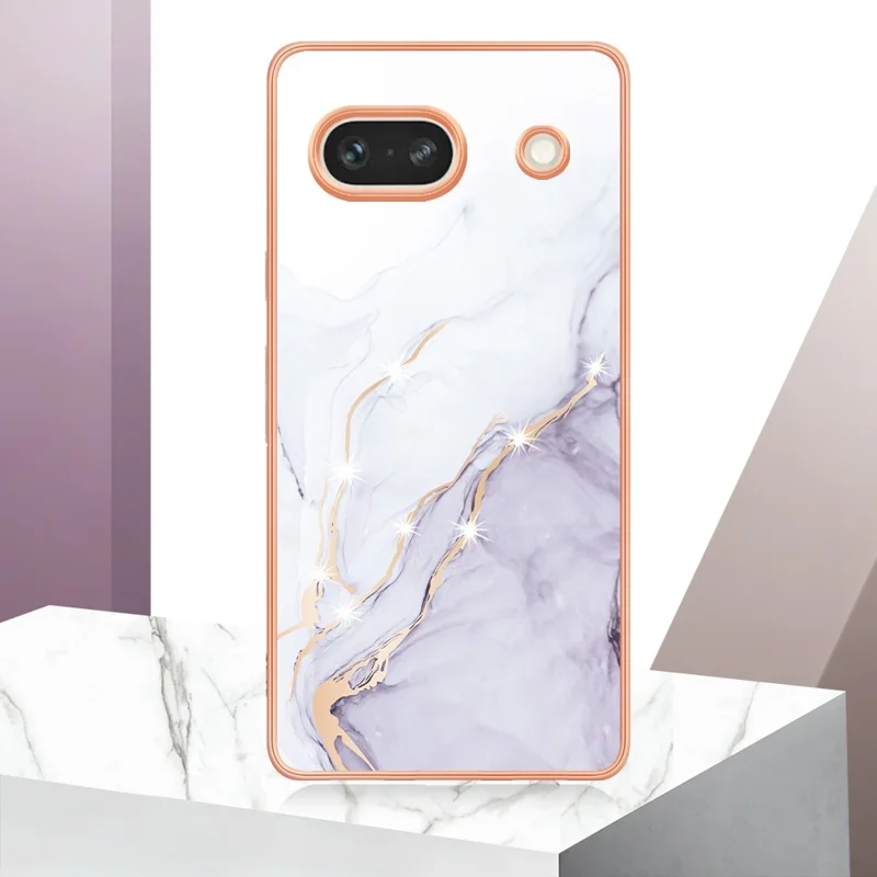 For Google Pixel 7a TPU Case with IMD Marble Pattern Electroplated Back Cover - White 006