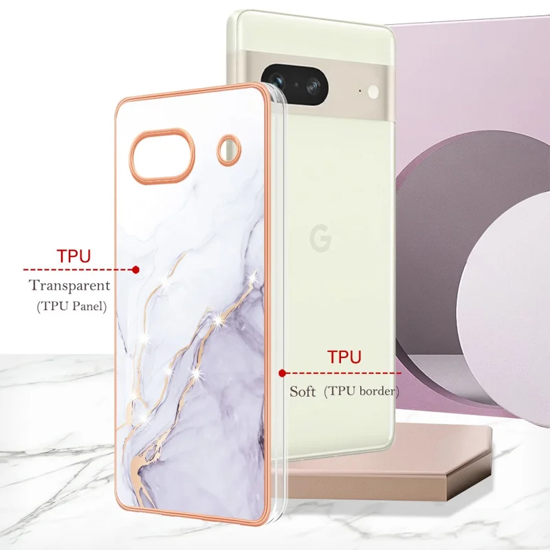 For Google Pixel 7a TPU Case with IMD Marble Pattern Electroplated Back Cover - White 006