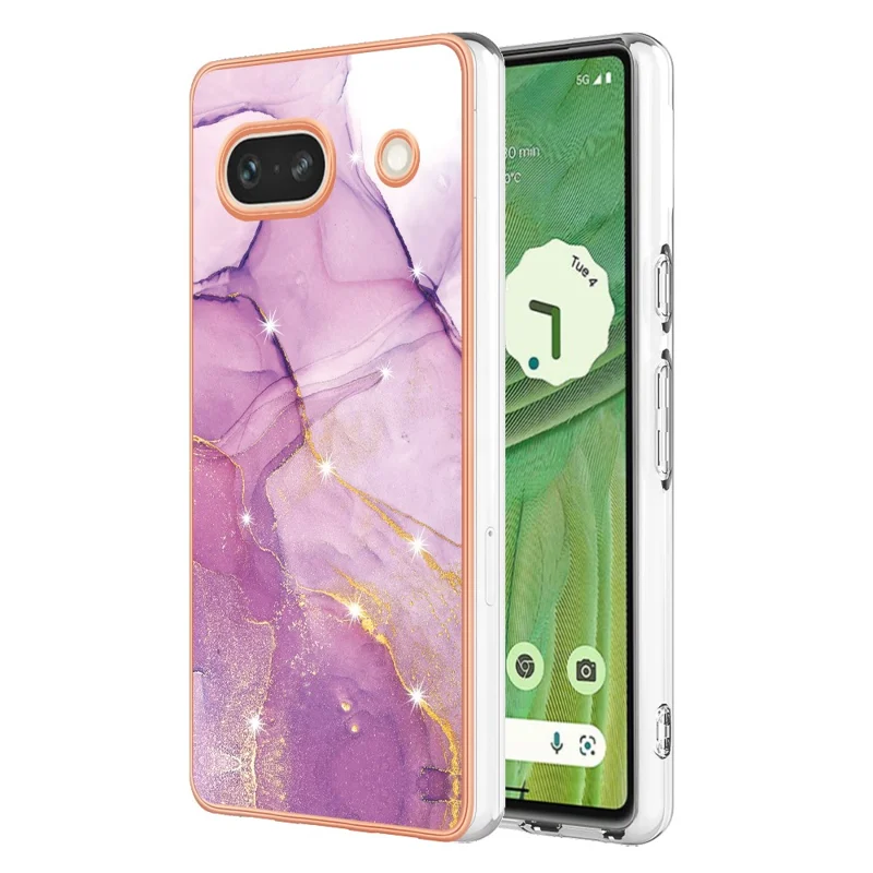 For Google Pixel 7a TPU Case with IMD Marble Pattern Electroplated Back Cover - Purple 001