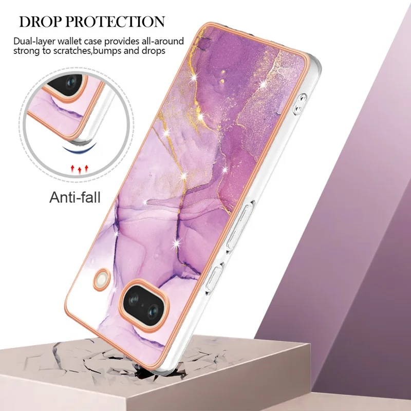 For Google Pixel 7a TPU Case with IMD Marble Pattern Electroplated Back Cover - Purple 001