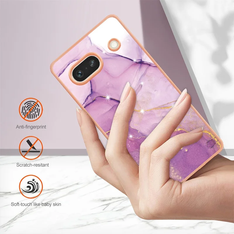 For Google Pixel 7a TPU Case with IMD Marble Pattern Electroplated Back Cover - Purple 001