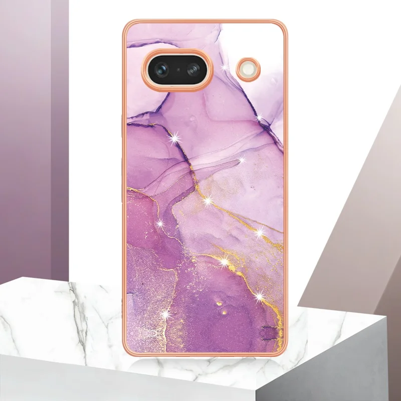 For Google Pixel 7a TPU Case with IMD Marble Pattern Electroplated Back Cover - Purple 001