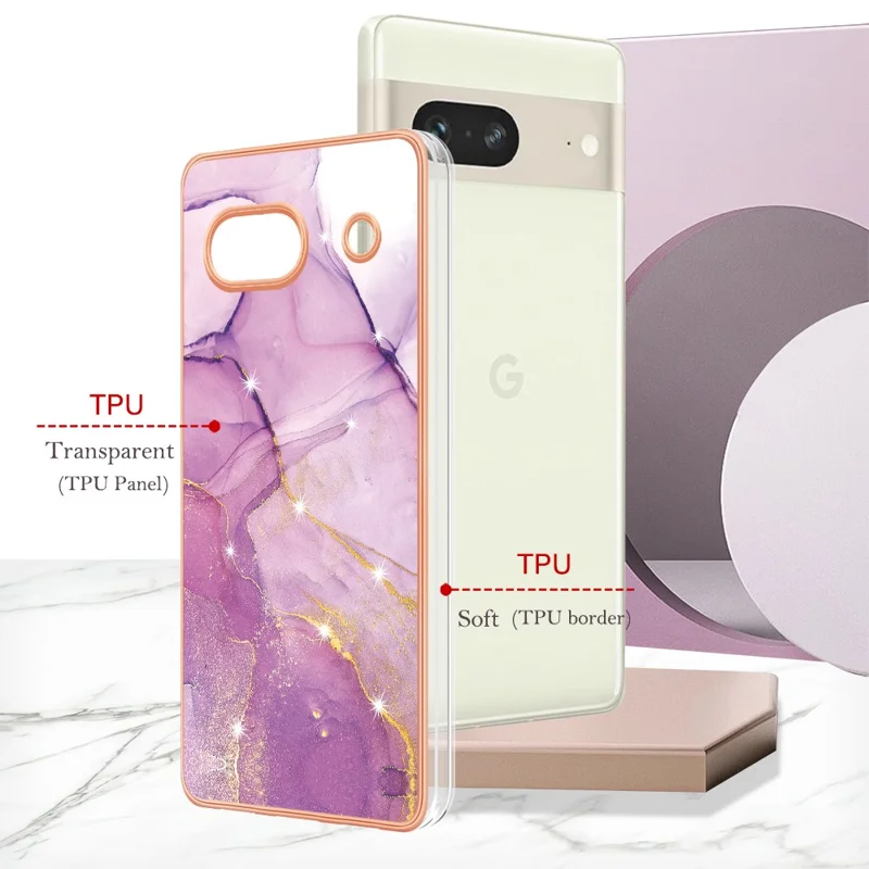 For Google Pixel 7a TPU Case with IMD Marble Pattern Electroplated Back Cover - Purple 001