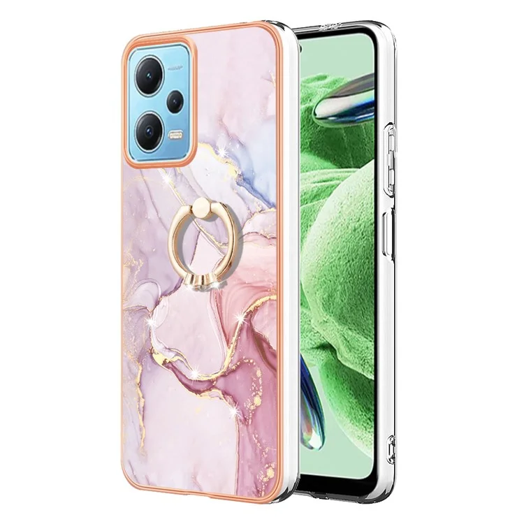 YB IMD Series-10 per Xiaomi Redmi Note 12 5G (Cina) / (India) / (Globale) / Poco X5 5G Marble Pattern IMD TPU Phone Case Ring Kickstand Cover - Rose Gold 005