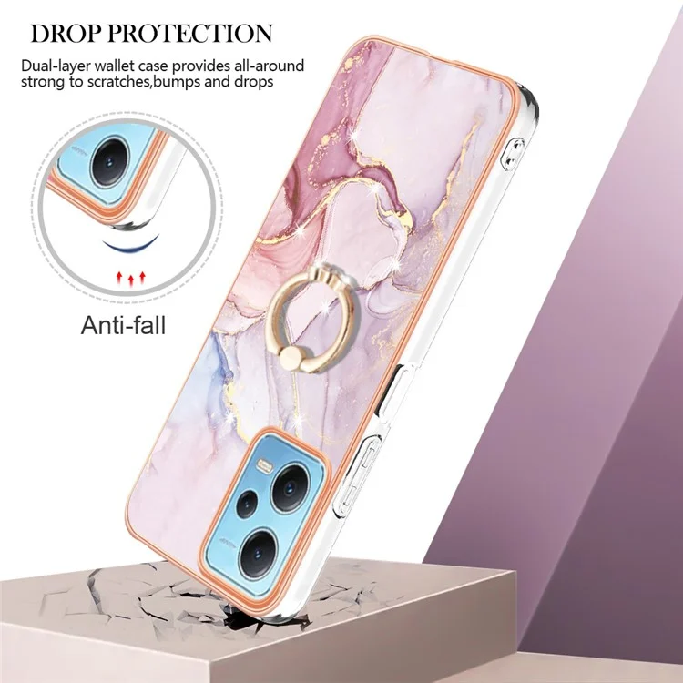 YB IMD Series-10 per Xiaomi Redmi Note 12 5G (Cina) / (India) / (Globale) / Poco X5 5G Marble Pattern IMD TPU Phone Case Ring Kickstand Cover - Rose Gold 005