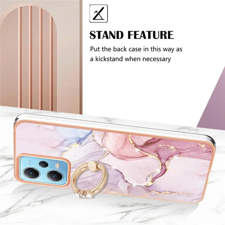 YB IMD Series-10 per Xiaomi Redmi Note 12 5G (Cina) / (India) / (Globale) / Poco X5 5G Marble Pattern IMD TPU Phone Case Ring Kickstand Cover - Rose Gold 005