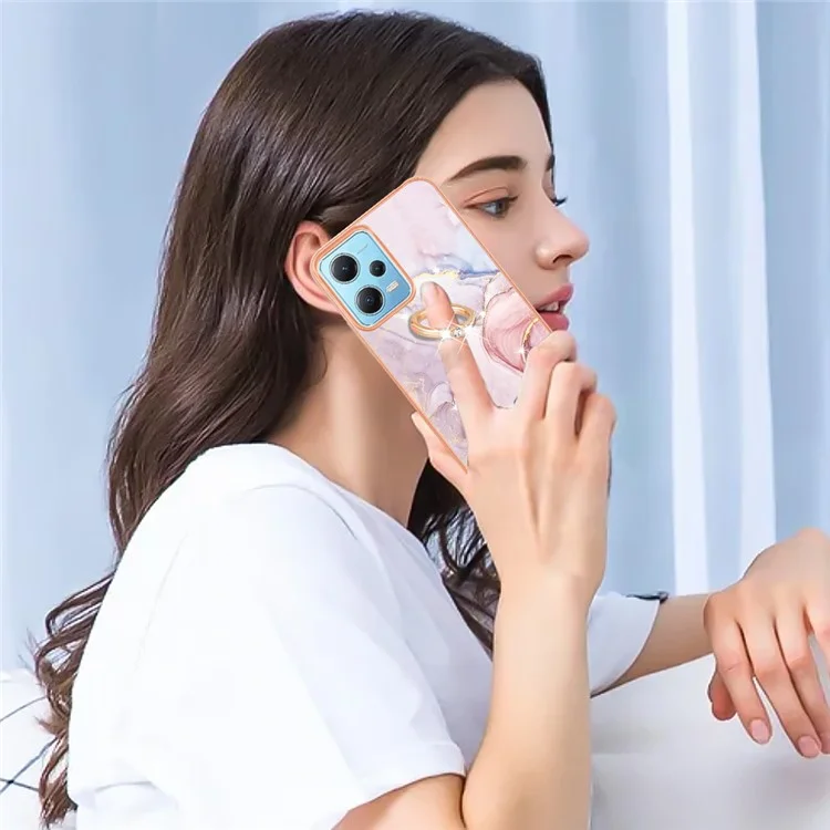 YB IMD Series-10 per Xiaomi Redmi Note 12 5G (Cina) / (India) / (Globale) / Poco X5 5G Marble Pattern IMD TPU Phone Case Ring Kickstand Cover - Rose Gold 005