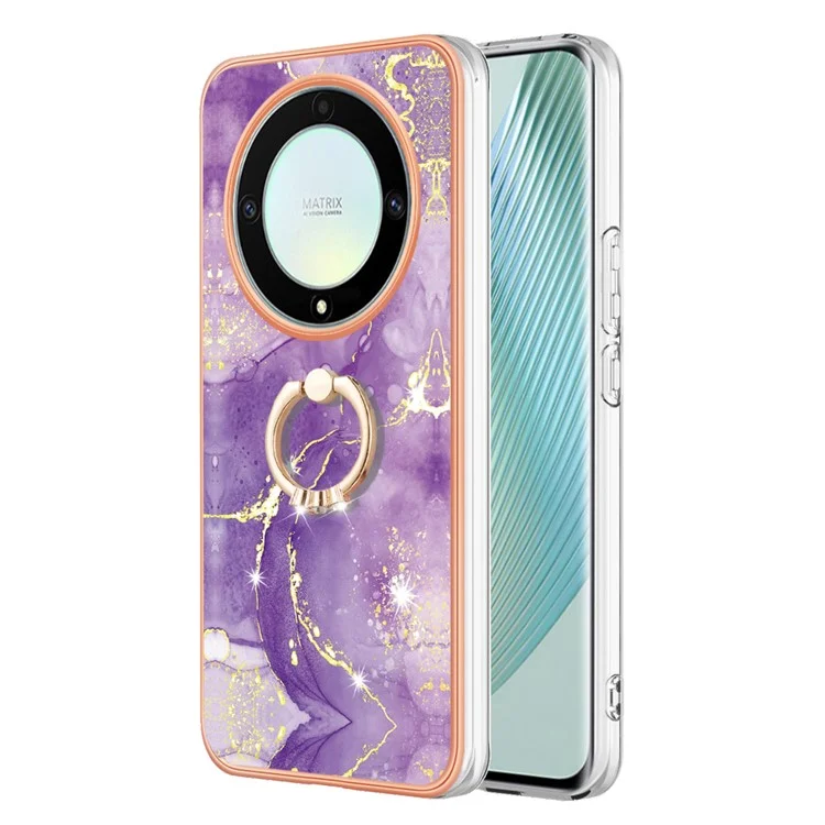 For Honor X9a 5G / Magic5 Lite 5G Case with Ring Kickstand Marble Pattern Electroplating TPU Back Cover - Purple 002