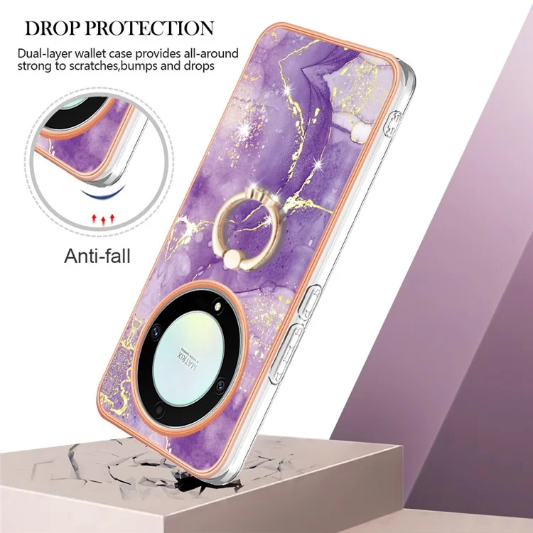 For Honor X9a 5G / Magic5 Lite 5G Case with Ring Kickstand Marble Pattern Electroplating TPU Back Cover - Purple 002