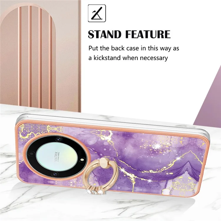 For Honor X9a 5G / Magic5 Lite 5G Case with Ring Kickstand Marble Pattern Electroplating TPU Back Cover - Purple 002
