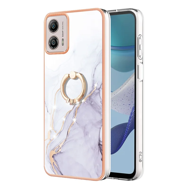 YB IMD Series-10 Für Motorola Moto G53 5G / G23 4G / G13 4G IMD Marmor Telefonabdeckung TPU Drop-proof-kickständer - Weiß 006