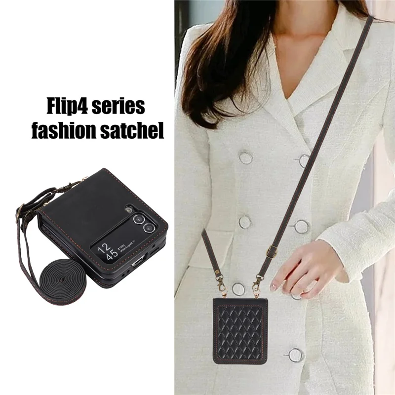 Leather Phone Case for Samsung Galaxy Z Flip4 5G , Rhombus Imprint Cover with Hand Strap and Shoulder Strap - Black