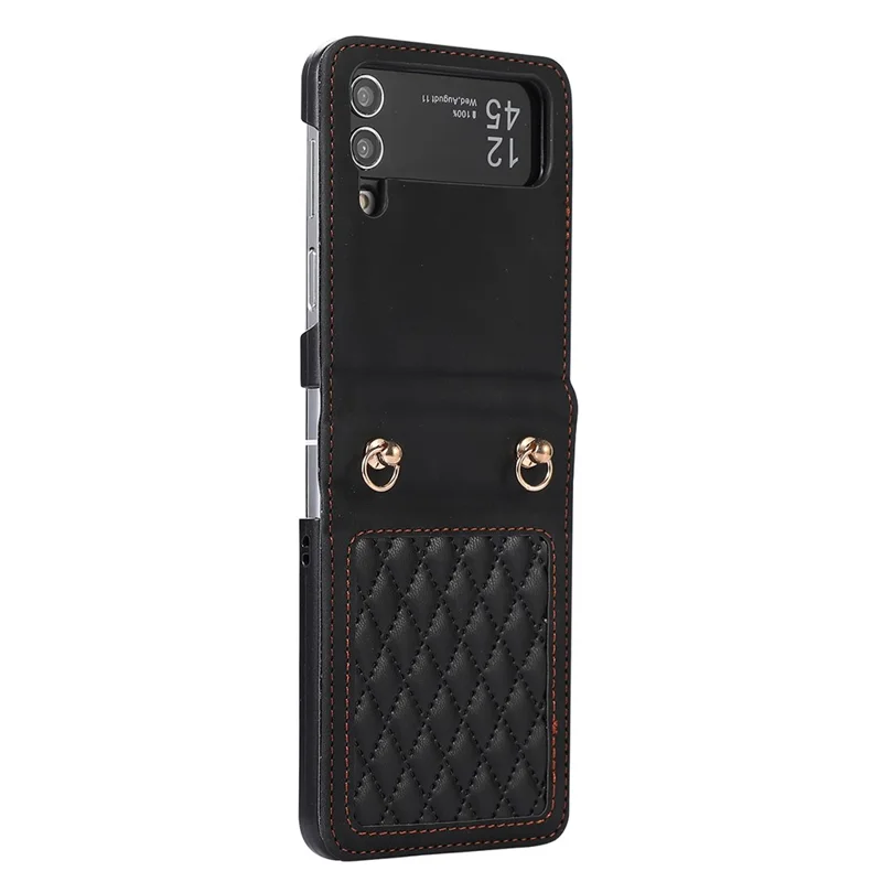 Leather Phone Case for Samsung Galaxy Z Flip4 5G , Rhombus Imprint Cover with Hand Strap and Shoulder Strap - Black