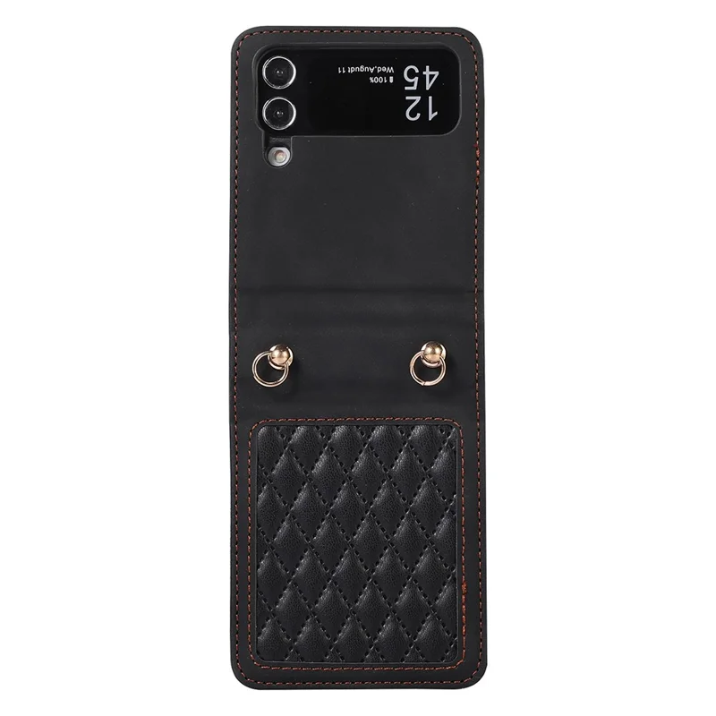 Leather Phone Case for Samsung Galaxy Z Flip4 5G , Rhombus Imprint Cover with Hand Strap and Shoulder Strap - Black