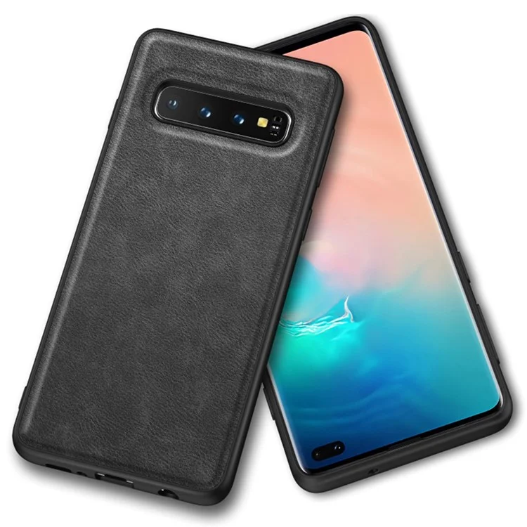 Écouteur de Téléphone Pour Samsung Galaxy S10 Plus, PU en Cuir Enduit Tpu + pc Retro Couverture Arrière - Noir