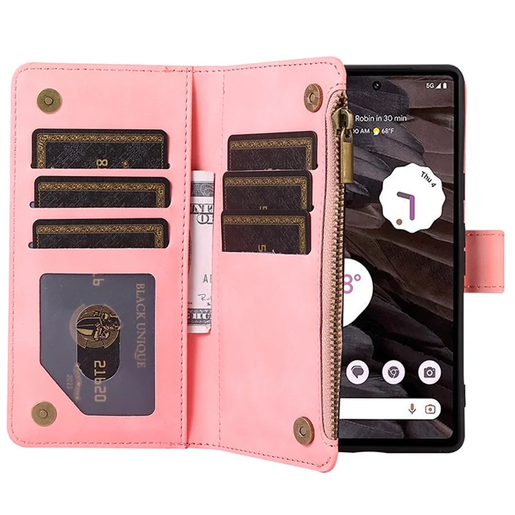 Für Google Pixel 7a Rhombus Imprint Reißverschlusstasche Ständer Telefonhülle Leder Kartenetui Hülle - Rose Gold