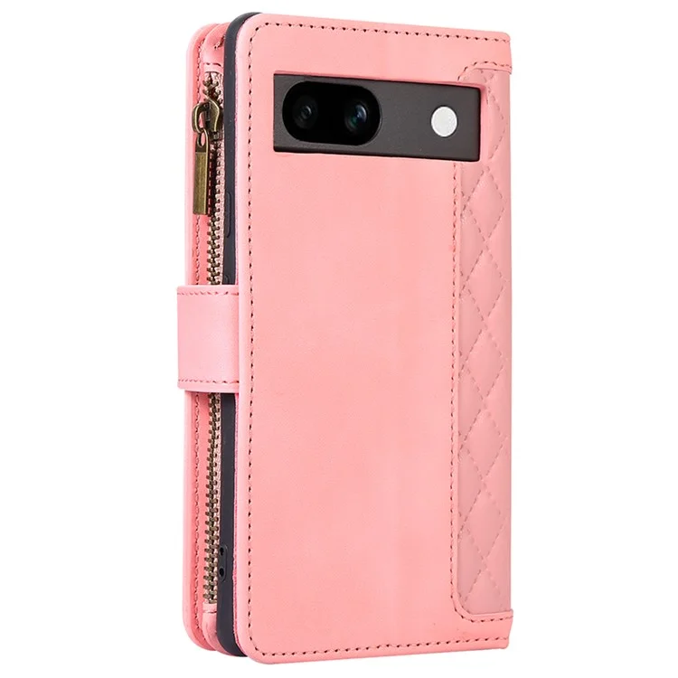 Für Google Pixel 7a Rhombus Imprint Reißverschlusstasche Ständer Telefonhülle Leder Kartenetui Hülle - Rose Gold