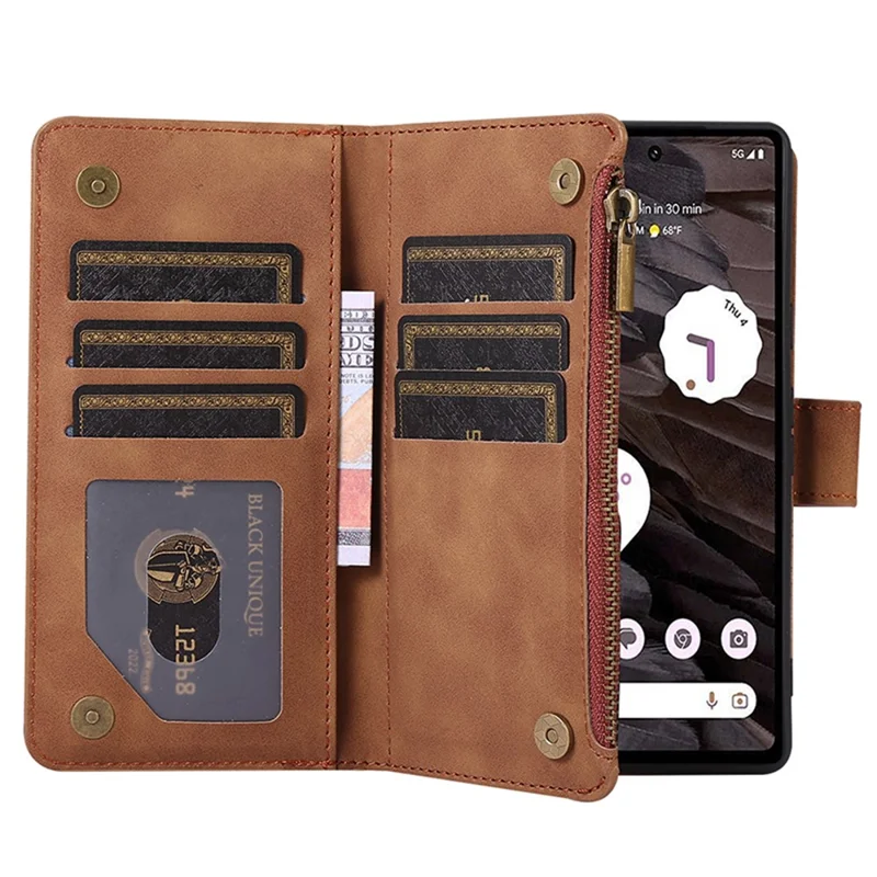 For Google Pixel 7a Rhombus Imprint Zipper Pocket Wallet Stand Phone Case Leather Card Holder Shell - Brown