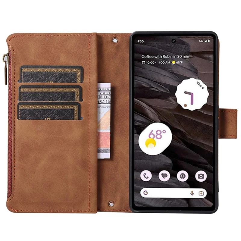 For Google Pixel 7a Rhombus Imprint Zipper Pocket Wallet Stand Phone Case Leather Card Holder Shell - Brown