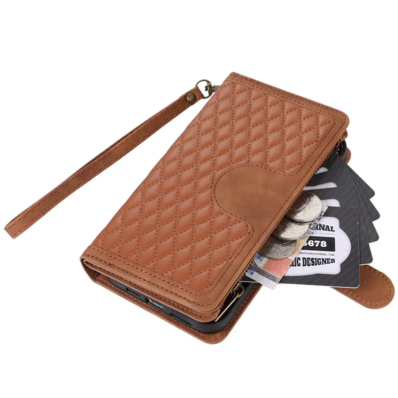 For Google Pixel 7a Rhombus Imprint Zipper Pocket Wallet Stand Phone Case Leather Card Holder Shell - Brown