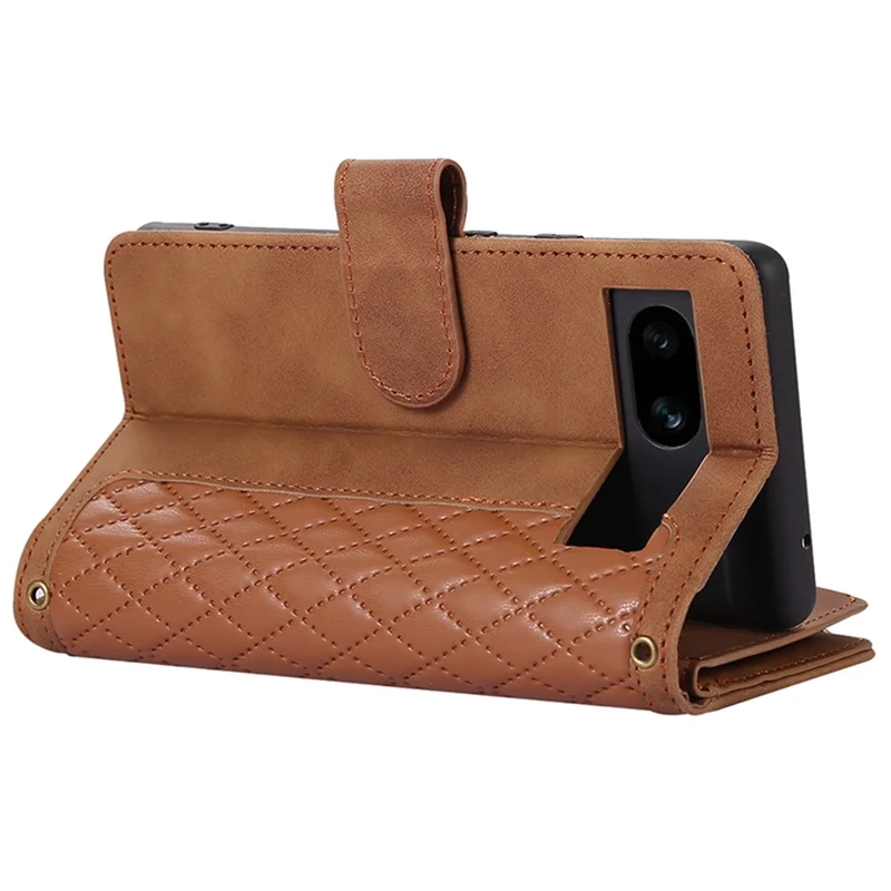 For Google Pixel 7a Rhombus Imprint Zipper Pocket Wallet Stand Phone Case Leather Card Holder Shell - Brown