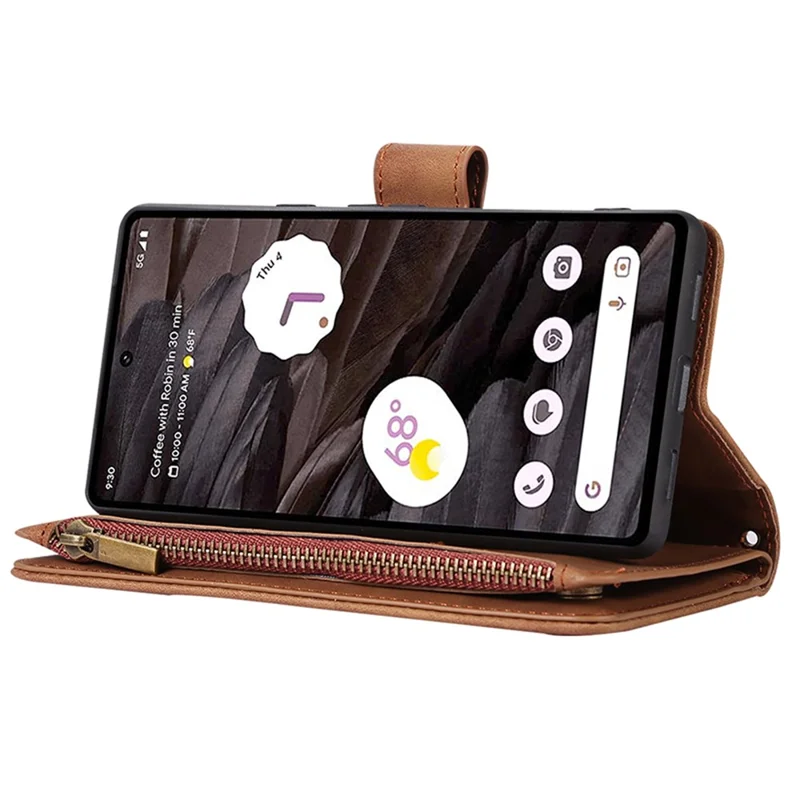 For Google Pixel 7a Rhombus Imprint Zipper Pocket Wallet Stand Phone Case Leather Card Holder Shell - Brown