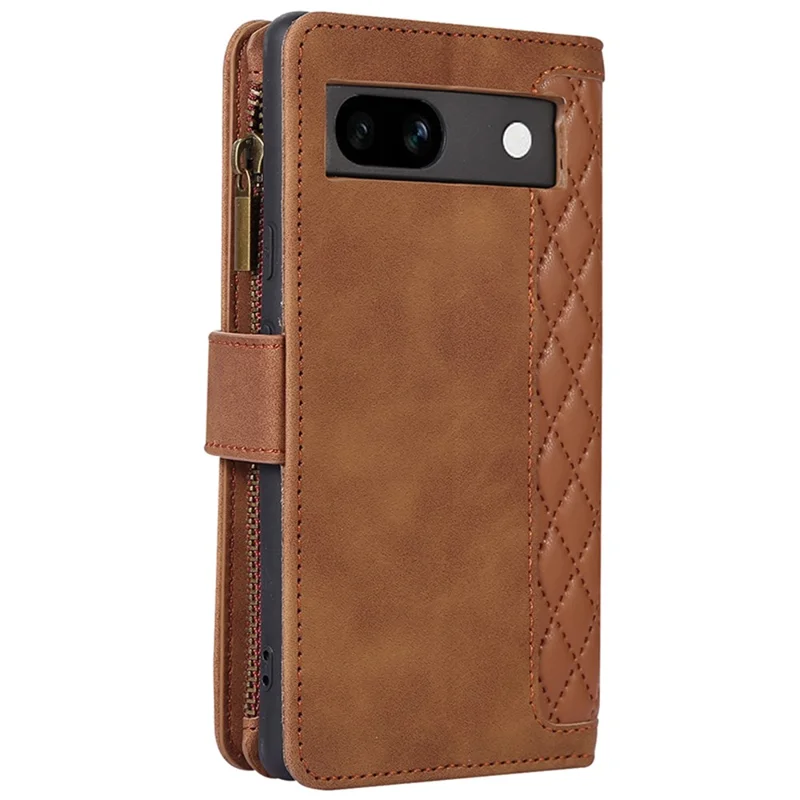 For Google Pixel 7a Rhombus Imprint Zipper Pocket Wallet Stand Phone Case Leather Card Holder Shell - Brown