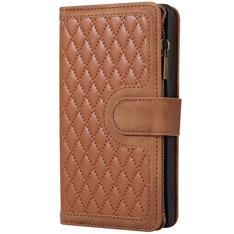 For Google Pixel 7a Rhombus Imprint Zipper Pocket Wallet Stand Phone Case Leather Card Holder Shell - Brown