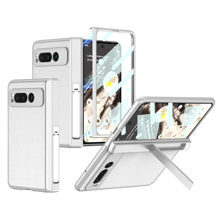 Для чехла Google Pixel Fold Magnetic Hinge Protection Phone Case PU Кожа+PC Cover с закаленной стеклянной пленкой - Кожаная текстура / Серебристый