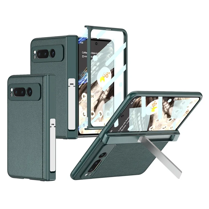 For Google Pixel Fold Magnetic Hinge Protection Phone Case PU Leather+PC Cover with Tempered Glass Film - Leather Texture / Green