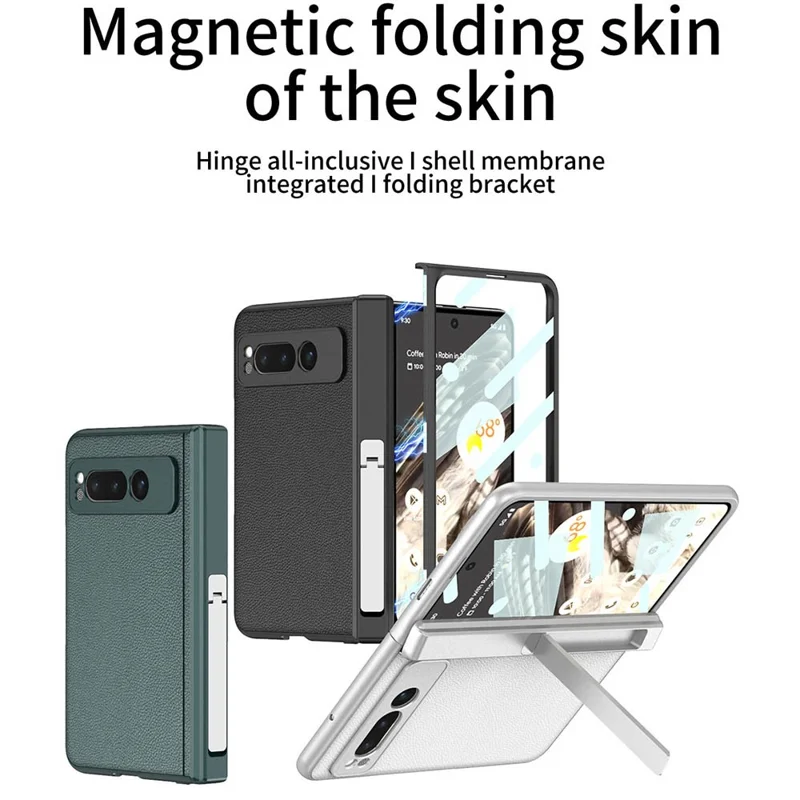 For Google Pixel Fold Magnetic Hinge Protection Phone Case PU Leather+PC Cover with Tempered Glass Film - Leather Texture / Green