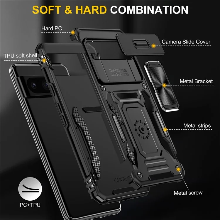 Für Google Pixel 8 Pro Armor Series Kickstand Phone Case Slide Camera Protection PC + TPU Cover - Schwarz