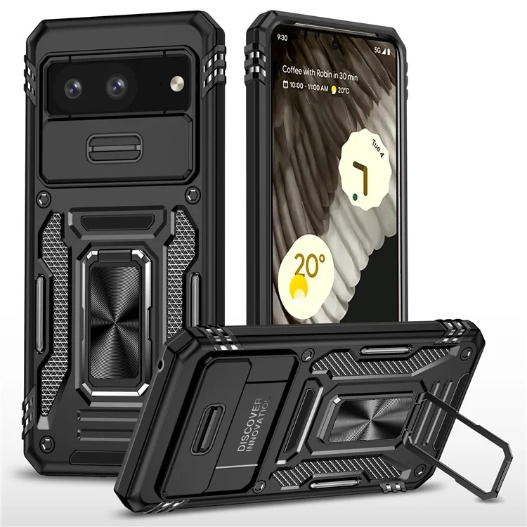 Para Google Pixel 8 Armor Series PC + TPU Teleph Case Ring Cubierta Con Ventana de Cámara de Portaobjetos - Negro