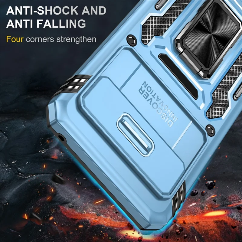 Obudowa z serii Armor z pierścieniem i podpórką PC + TPU do Google Pixel 8 z przesuwanym okienkiem na aparat fotograficzny - Jasnoniebieski