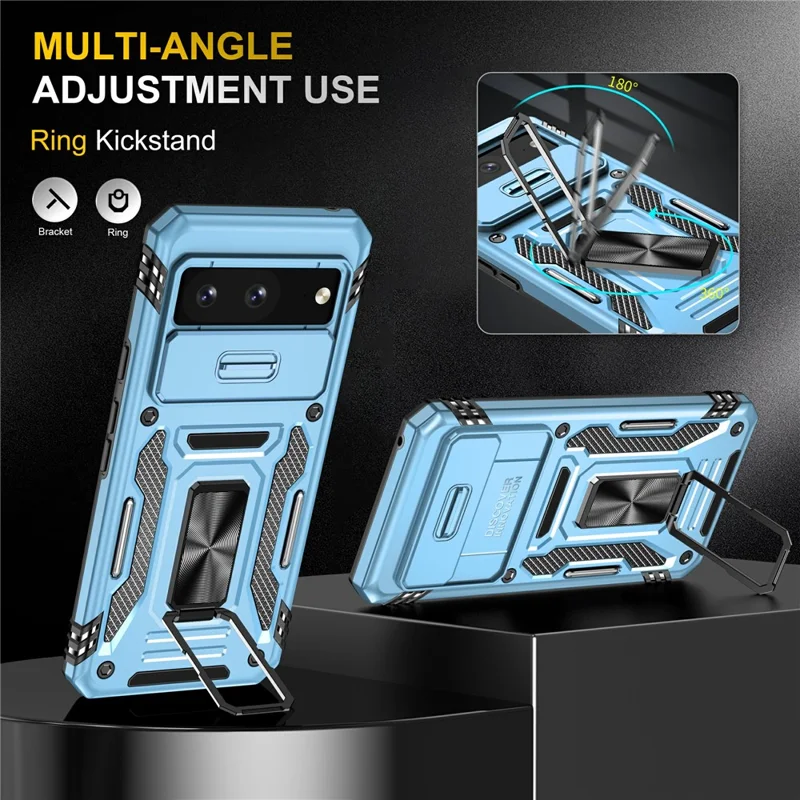 Obudowa z serii Armor z pierścieniem i podpórką PC + TPU do Google Pixel 8 z przesuwanym okienkiem na aparat fotograficzny - Jasnoniebieski