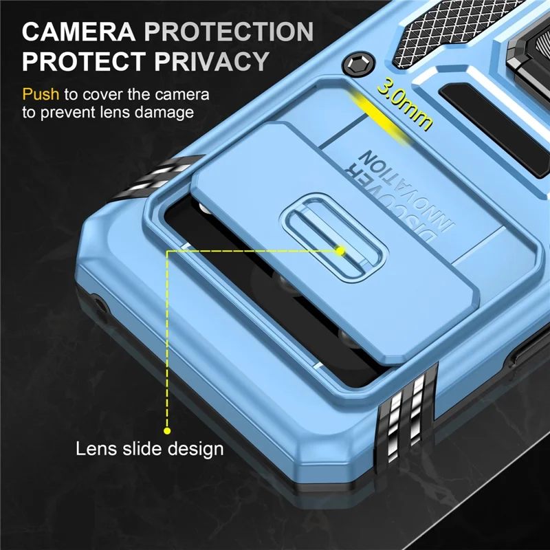 Obudowa z serii Armor z pierścieniem i podpórką PC + TPU do Google Pixel 8 z przesuwanym okienkiem na aparat fotograficzny - Jasnoniebieski