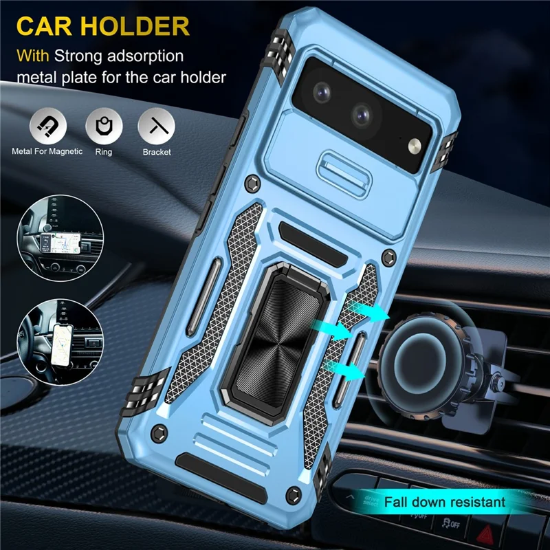 Obudowa z serii Armor z pierścieniem i podpórką PC + TPU do Google Pixel 8 z przesuwanym okienkiem na aparat fotograficzny - Jasnoniebieski