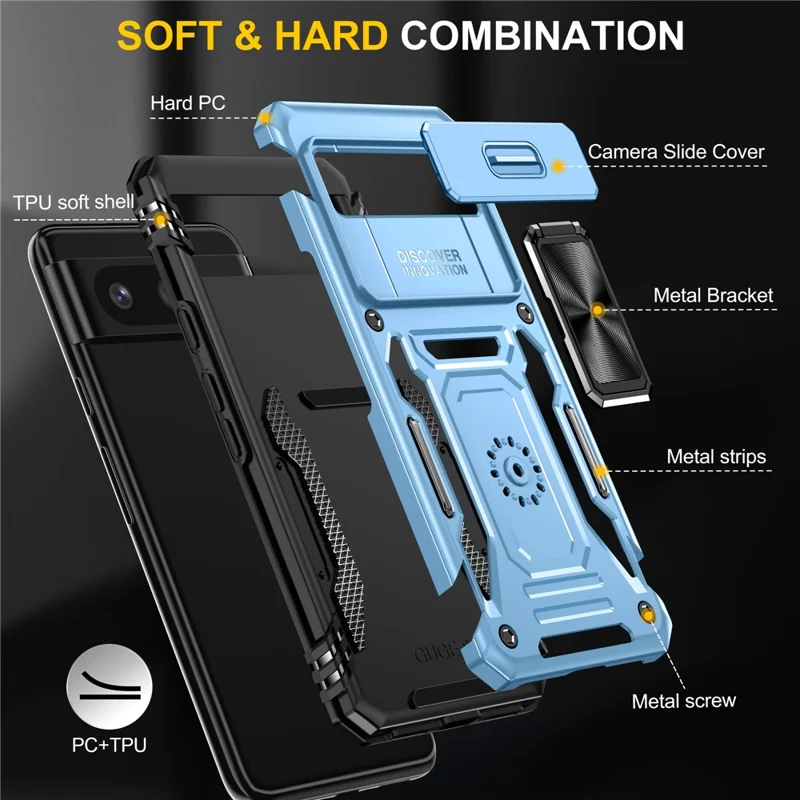 Obudowa z serii Armor z pierścieniem i podpórką PC + TPU do Google Pixel 8 z przesuwanym okienkiem na aparat fotograficzny - Jasnoniebieski