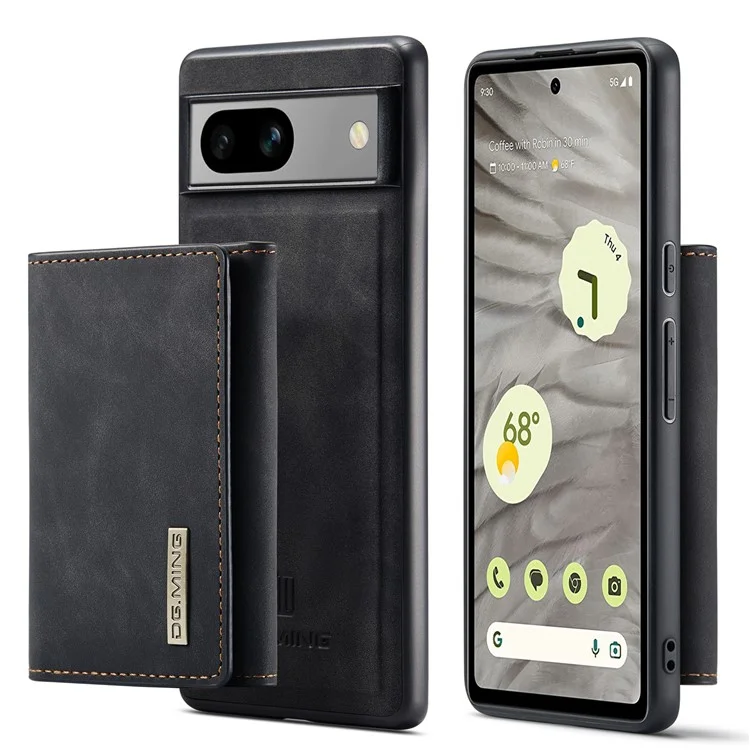 DG.MING M1 Series For Google Pixel 7a Detachable Magnetic Wallet Kickstand Phone Case PC+TPU+PU Leather Back Cover - Black