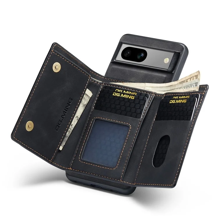 DG.MING M1 Series For Google Pixel 7a Detachable Magnetic Wallet Kickstand Phone Case PC+TPU+PU Leather Back Cover - Black