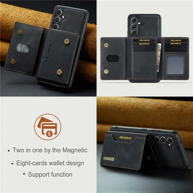 Étui portefeuille amovible DG.MING M2 Series pour Samsung Galaxy A14 4G / 5G, étui de téléphone en PC et TPU avec revêtement en cuir PU et support - Noir
