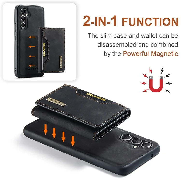 Étui portefeuille amovible DG.MING M2 Series pour Samsung Galaxy A14 4G / 5G, étui de téléphone en PC et TPU avec revêtement en cuir PU et support - Noir