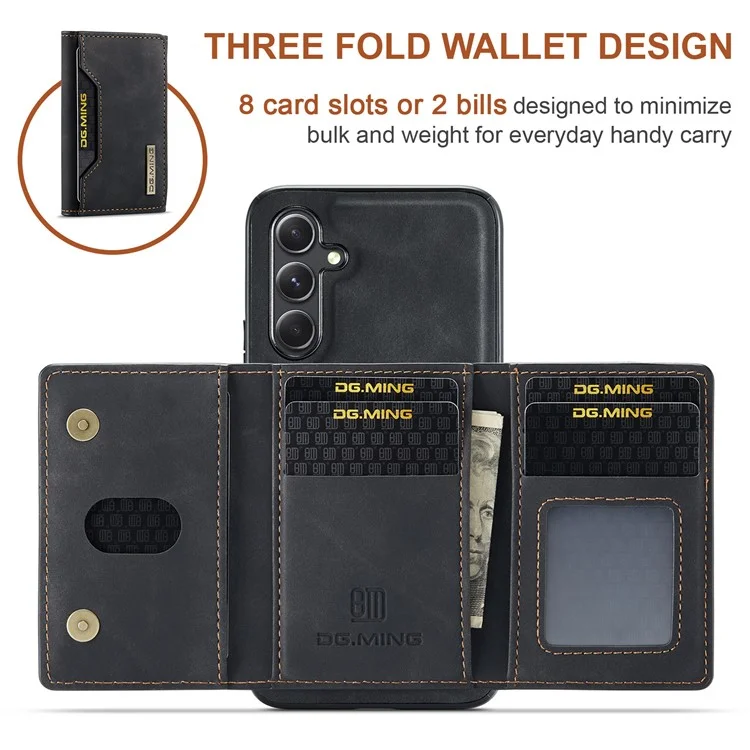 Étui portefeuille amovible DG.MING M2 Series pour Samsung Galaxy A14 4G / 5G, étui de téléphone en PC et TPU avec revêtement en cuir PU et support - Noir