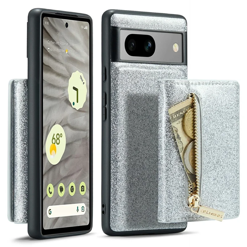 DG.MING M3 Series For Google Pixel 7a Glittery PU Leather Coated PC+TPU Back Case with Magnetic Detachable Wallet - Silver