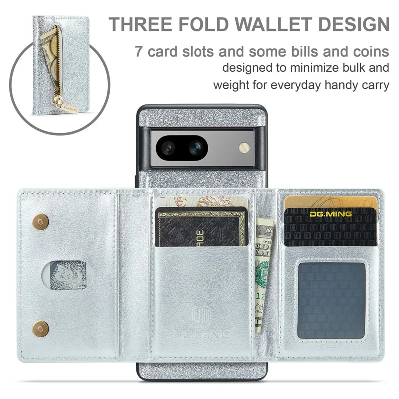 DG.MING M3 Series For Google Pixel 7a Glittery PU Leather Coated PC+TPU Back Case with Magnetic Detachable Wallet - Silver