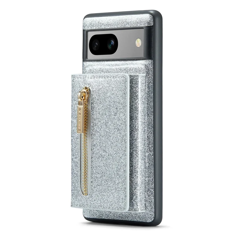 DG.MING M3 Series For Google Pixel 7a Glittery PU Leather Coated PC+TPU Back Case with Magnetic Detachable Wallet - Silver