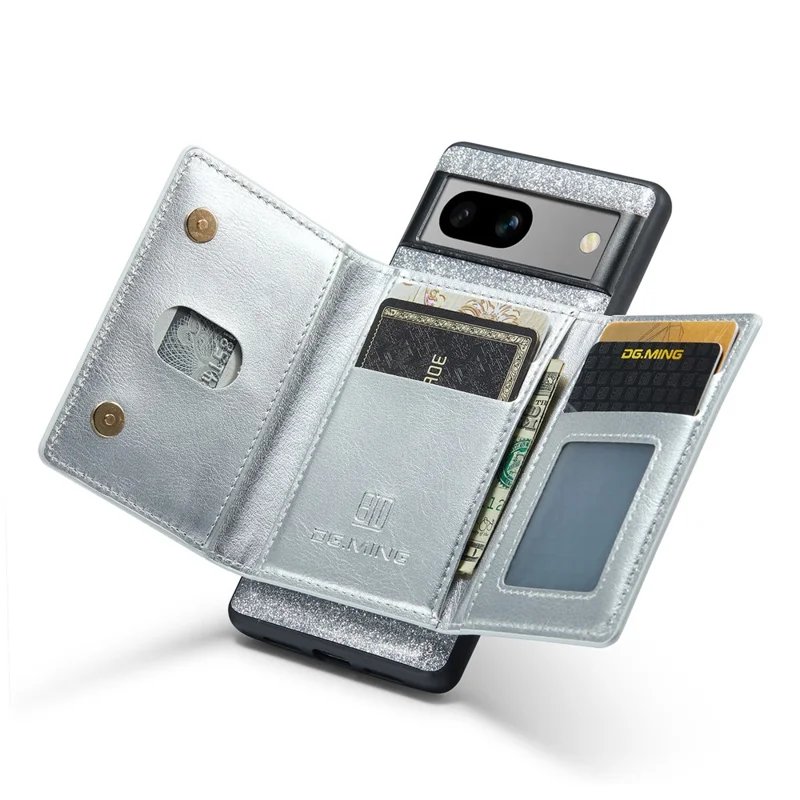 DG.MING M3 Series For Google Pixel 7a Glittery PU Leather Coated PC+TPU Back Case with Magnetic Detachable Wallet - Silver