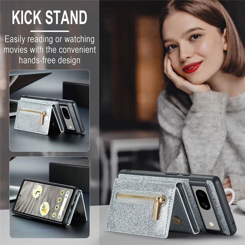 DG.MING M3 Series For Google Pixel 7a Glittery PU Leather Coated PC+TPU Back Case with Magnetic Detachable Wallet - Silver