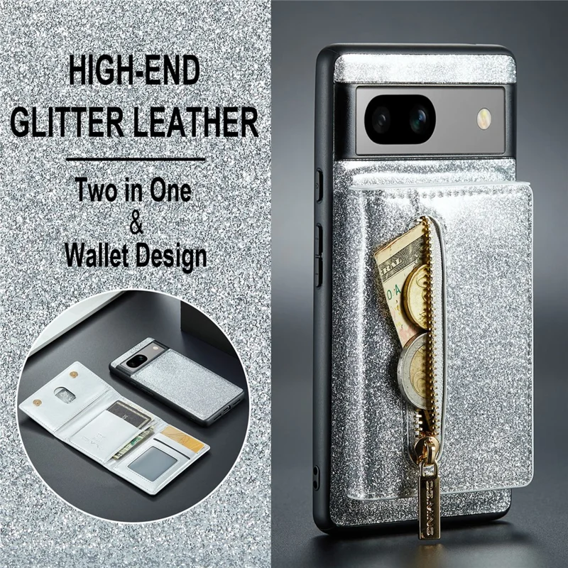 DG.MING M3 Series For Google Pixel 7a Glittery PU Leather Coated PC+TPU Back Case with Magnetic Detachable Wallet - Silver