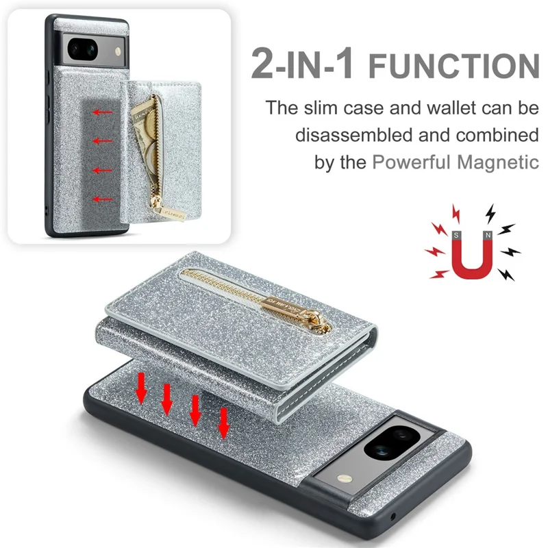 DG.MING M3 Series For Google Pixel 7a Glittery PU Leather Coated PC+TPU Back Case with Magnetic Detachable Wallet - Silver